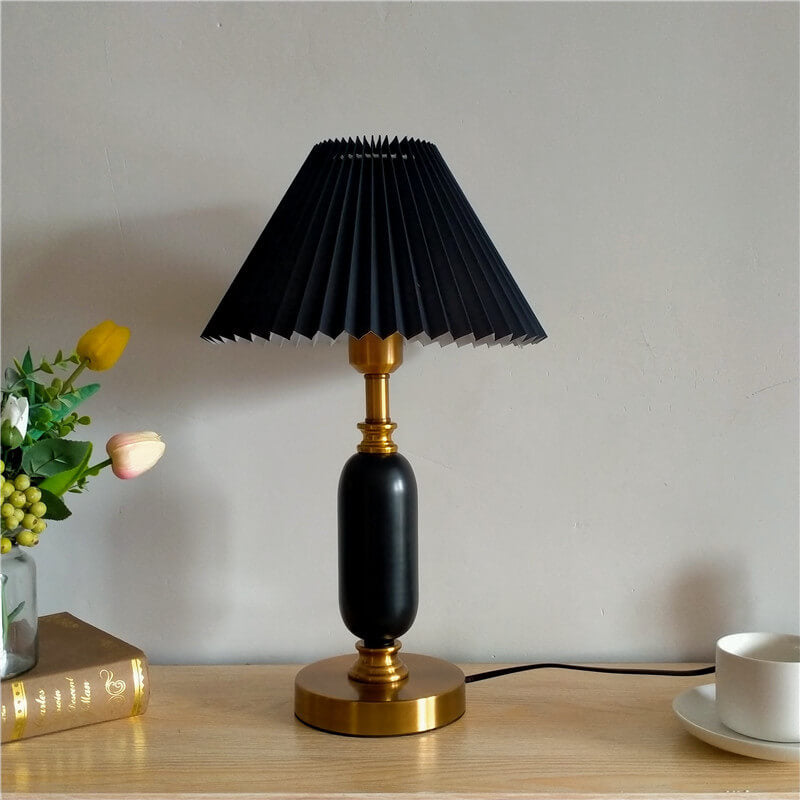 Retro Pleated Table Lamp with Black Shade | Vintage Brass Column Desk Lamp for Bedroom & Living Room