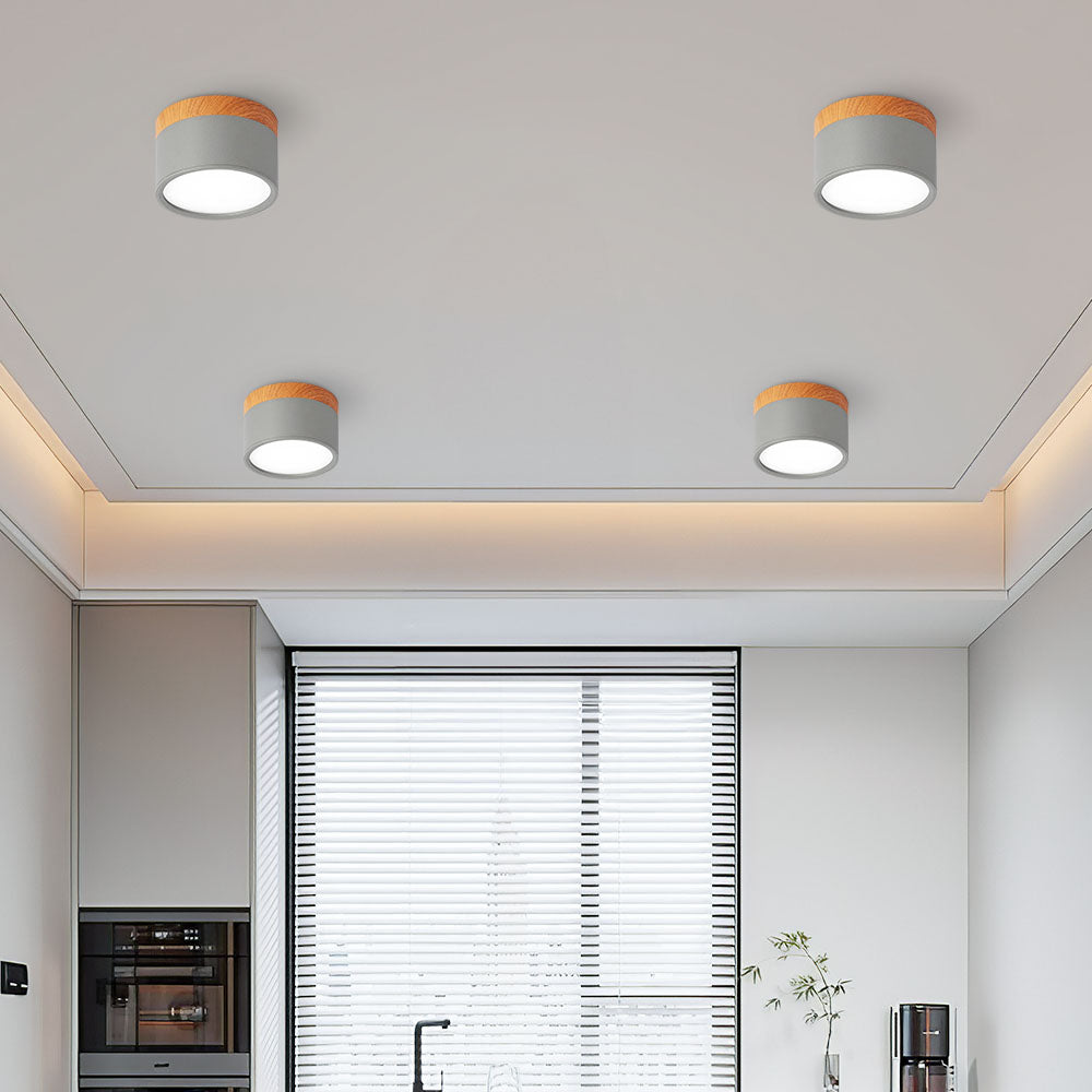 Modern Flush Mount Ceiling Light with Natural Wood Trim