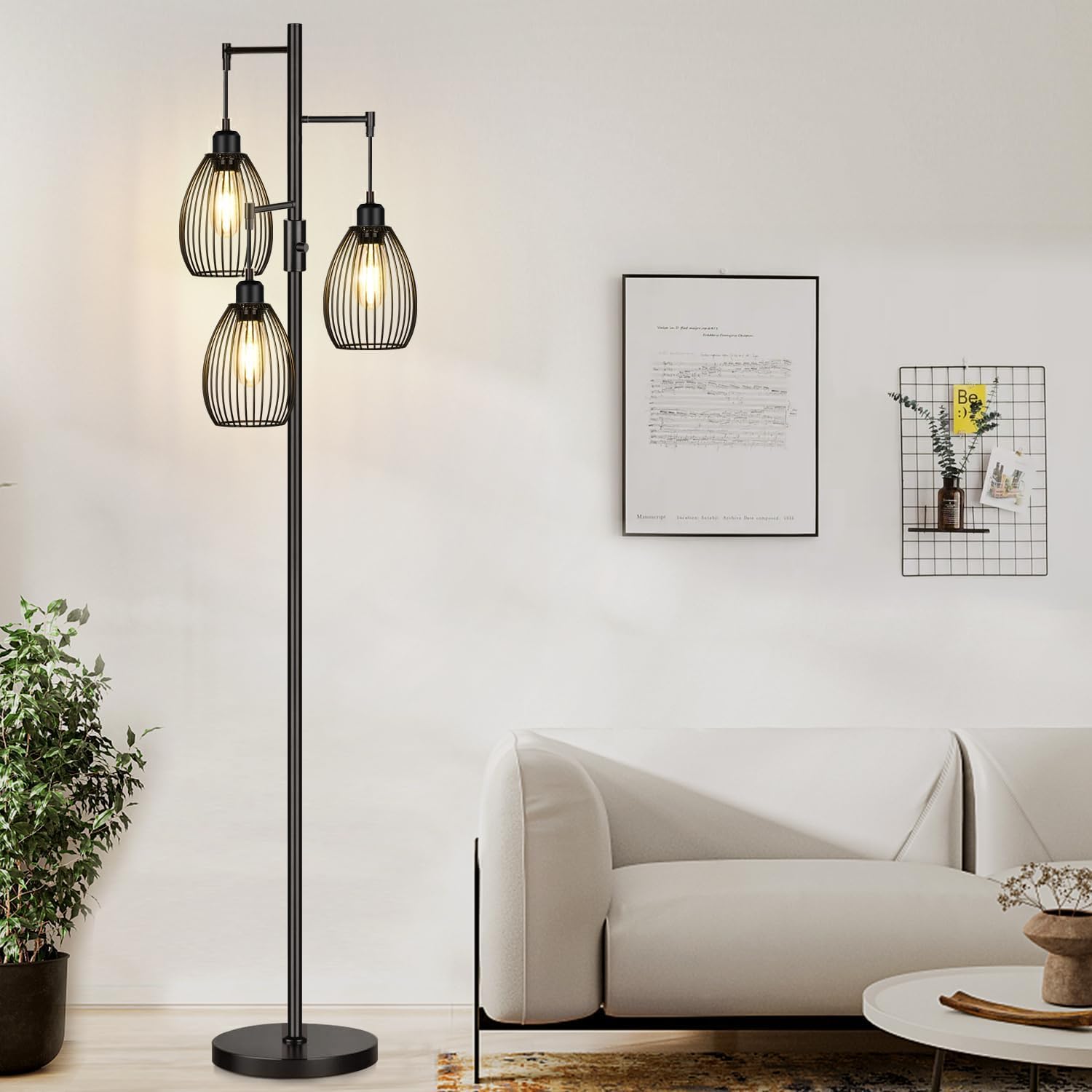 Triple Head Floor Lamp with Cage Shade – Modern Standing Lamp for Living Room