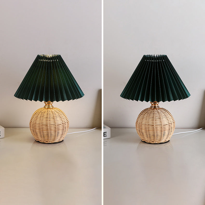 Nordic Rattan Table Lamp | Pleated Fabric Shade LED Bedside Lamp