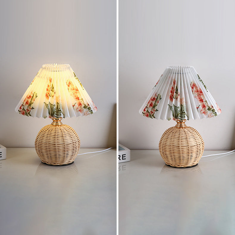 Nordic Rattan Table Lamp | Pleated Fabric Shade LED Bedside Lamp