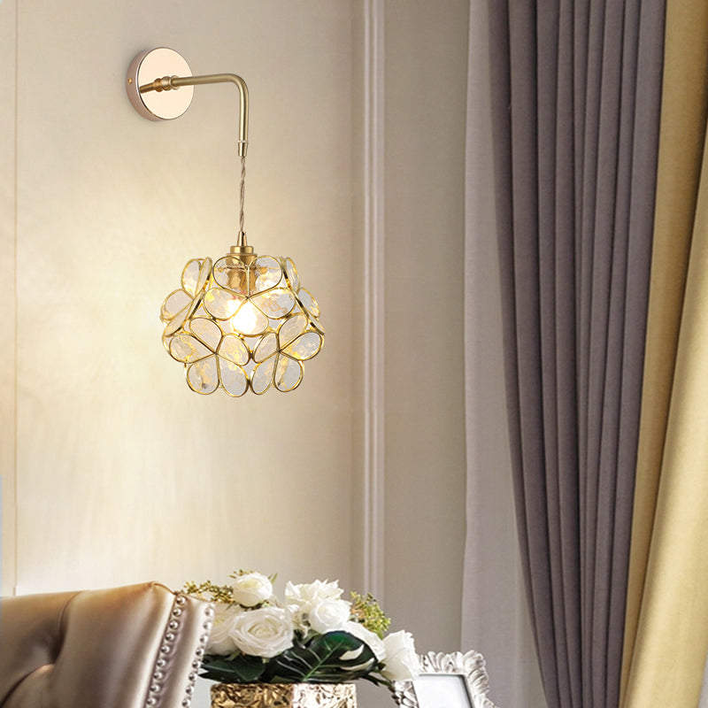 Vintage Glass Wall Light | Gold Bedside Wall Lamp with Flower Shade