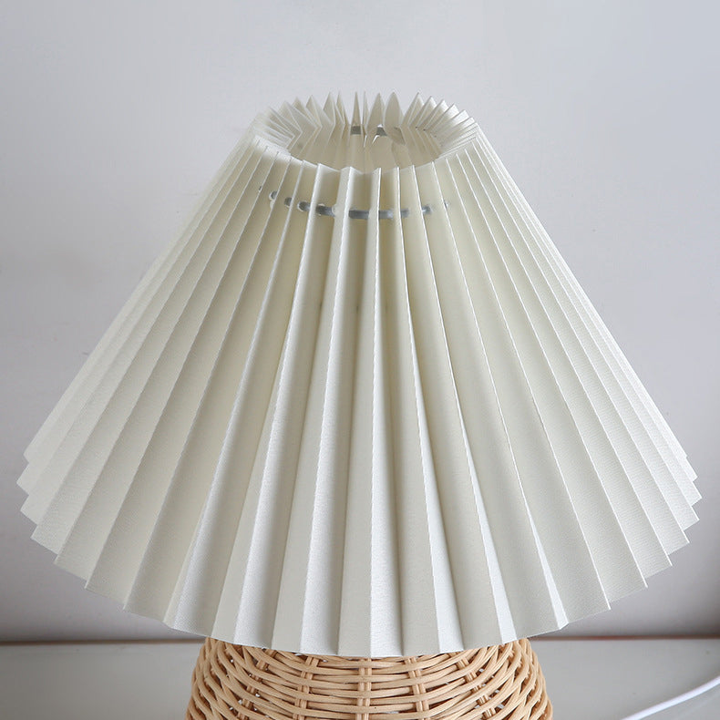 Nordic Rattan Table Lamp | Pleated Fabric Shade LED Bedside Lamp
