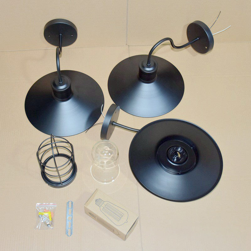 Industrial Wall Sconce | Black Gooseneck Metal Wall Light with Cage