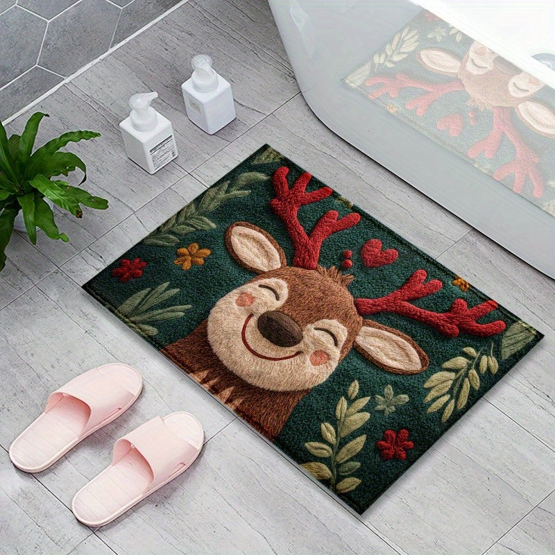 Reindeer Christmas Mat – Holiday Bathroom & Doorway Rug, Non-Slip & Washable