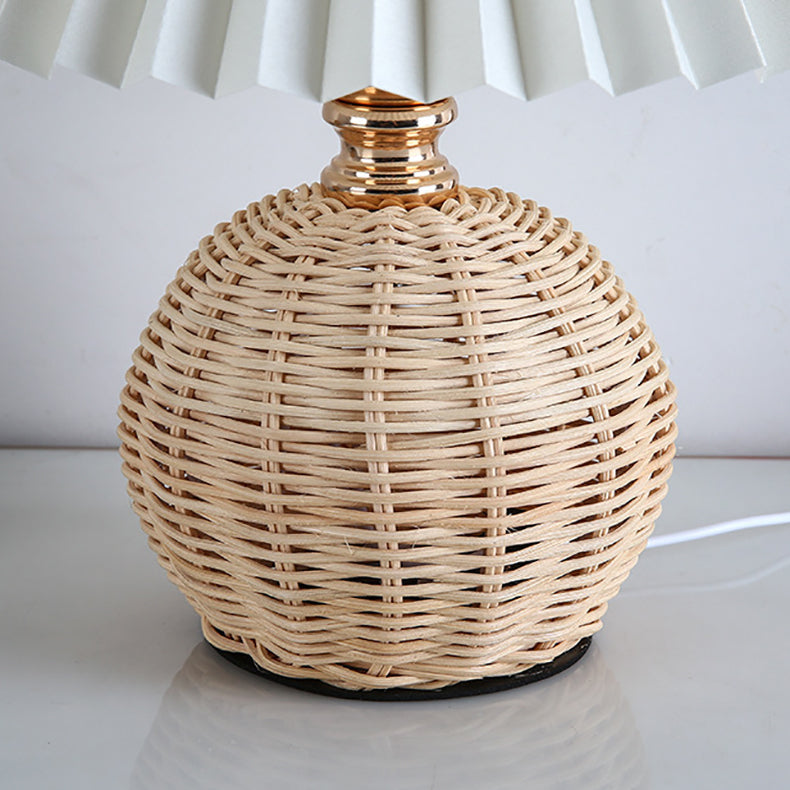 Nordic Rattan Table Lamp | Pleated Fabric Shade LED Bedside Lamp
