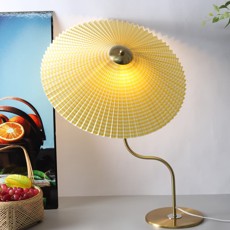 Retro Pleated Table Lamp with Umbrella Shade | Vintage Brass Decorative Desk Lamp for Bedroom & Living Room