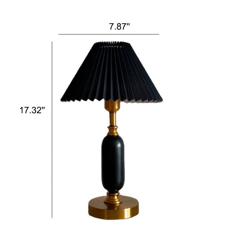 Retro Pleated Table Lamp with Black Shade | Vintage Brass Column Desk Lamp for Bedroom & Living Room
