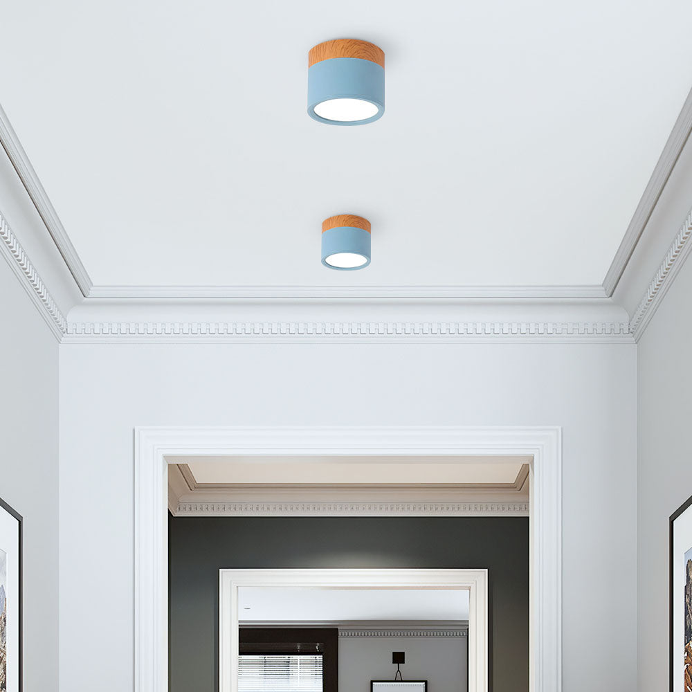 Modern Flush Mount Ceiling Light with Natural Wood Trim