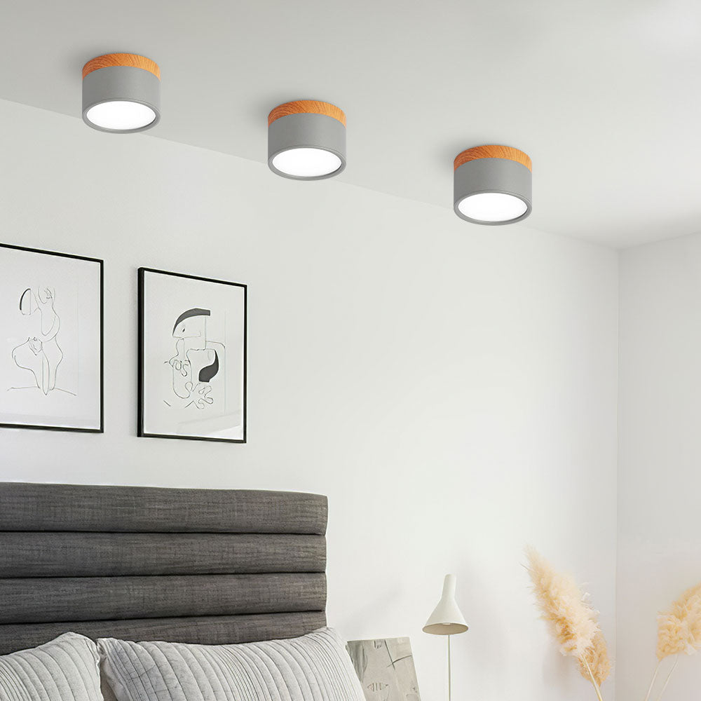 Modern Flush Mount Ceiling Light with Natural Wood Trim