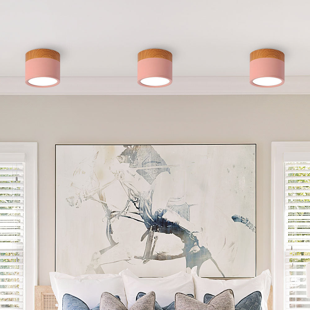 Modern Flush Mount Ceiling Light with Natural Wood Trim