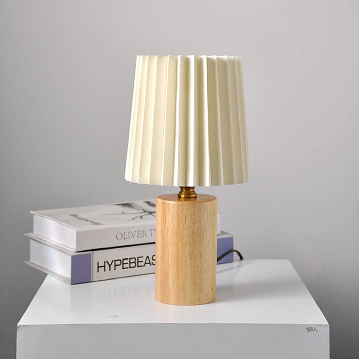 Vintage Pleated Table Lamp | Wooden Base Bedside Lamp