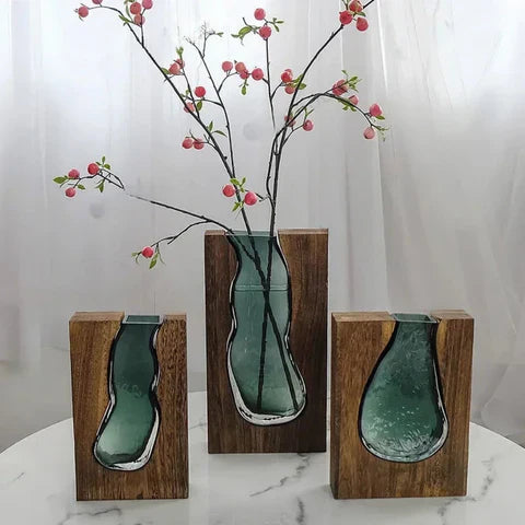Nordic Wood & Glass Live Edge Vase | Modern Decorative Flower Vase for Living Room & Home Décor