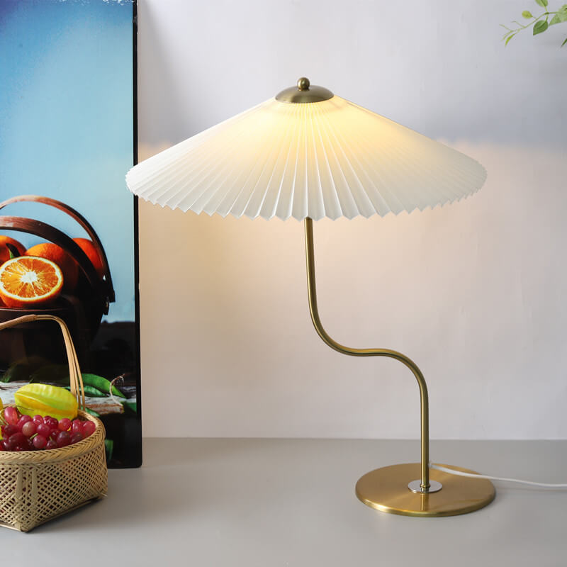 Retro Pleated Table Lamp with Umbrella Shade | Vintage Brass Decorative Desk Lamp for Bedroom & Living Room