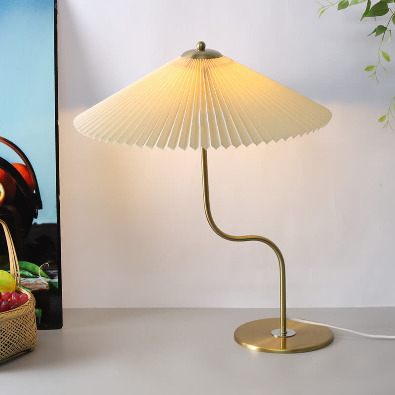 Retro Pleated Table Lamp with Umbrella Shade | Vintage Brass Decorative Desk Lamp for Bedroom & Living Room
