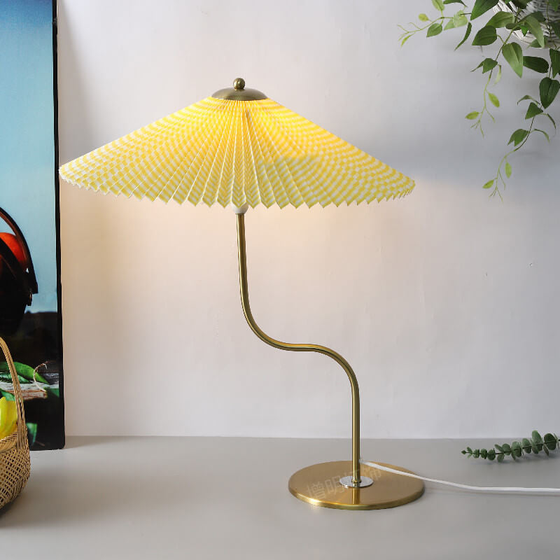 Retro Pleated Table Lamp with Umbrella Shade | Vintage Brass Decorative Desk Lamp for Bedroom & Living Room