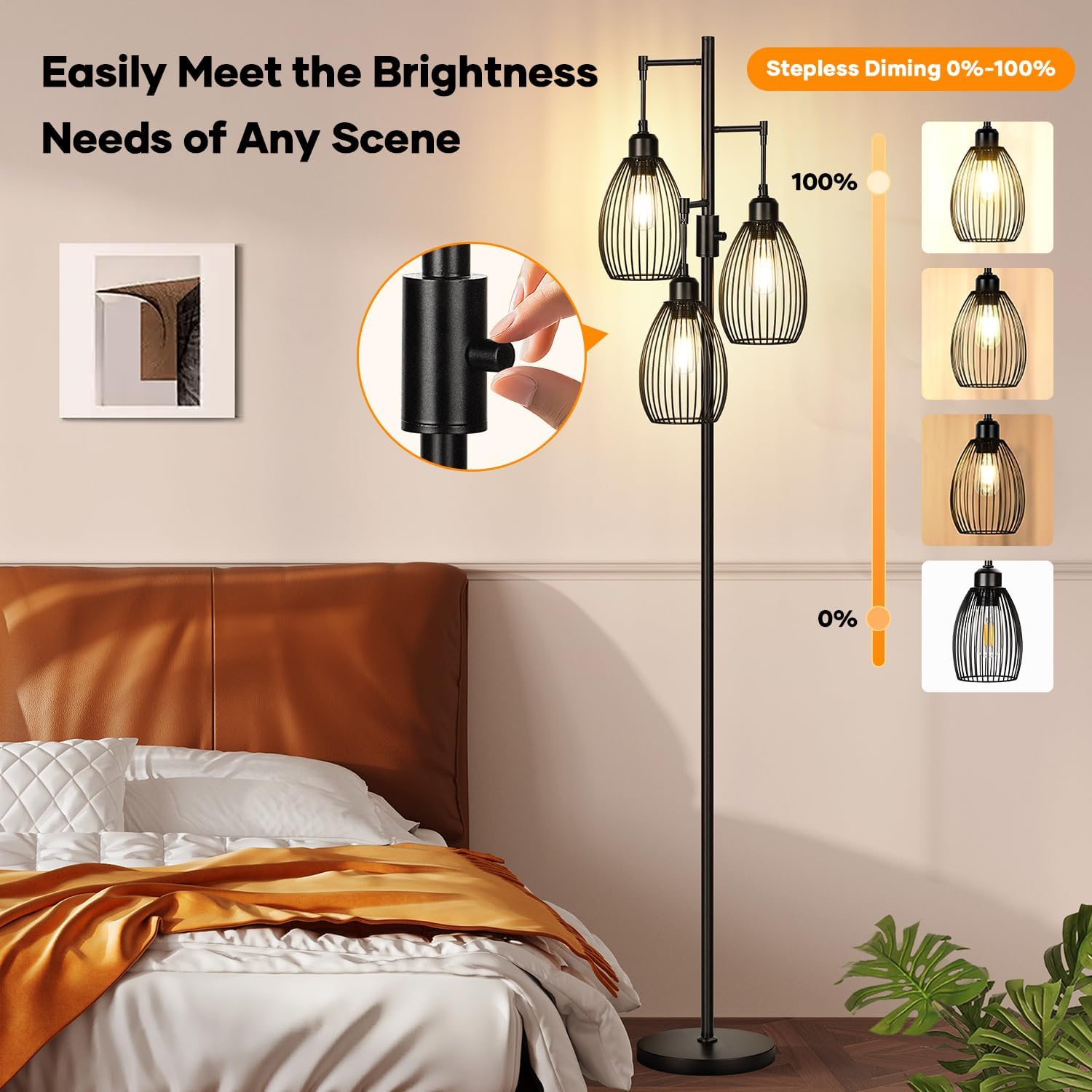 Triple Head Floor Lamp with Cage Shade – Modern Standing Lamp for Living Room