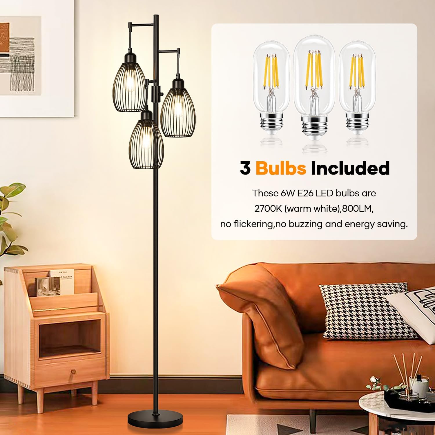 Triple Head Floor Lamp with Cage Shade – Modern Standing Lamp for Living Room
