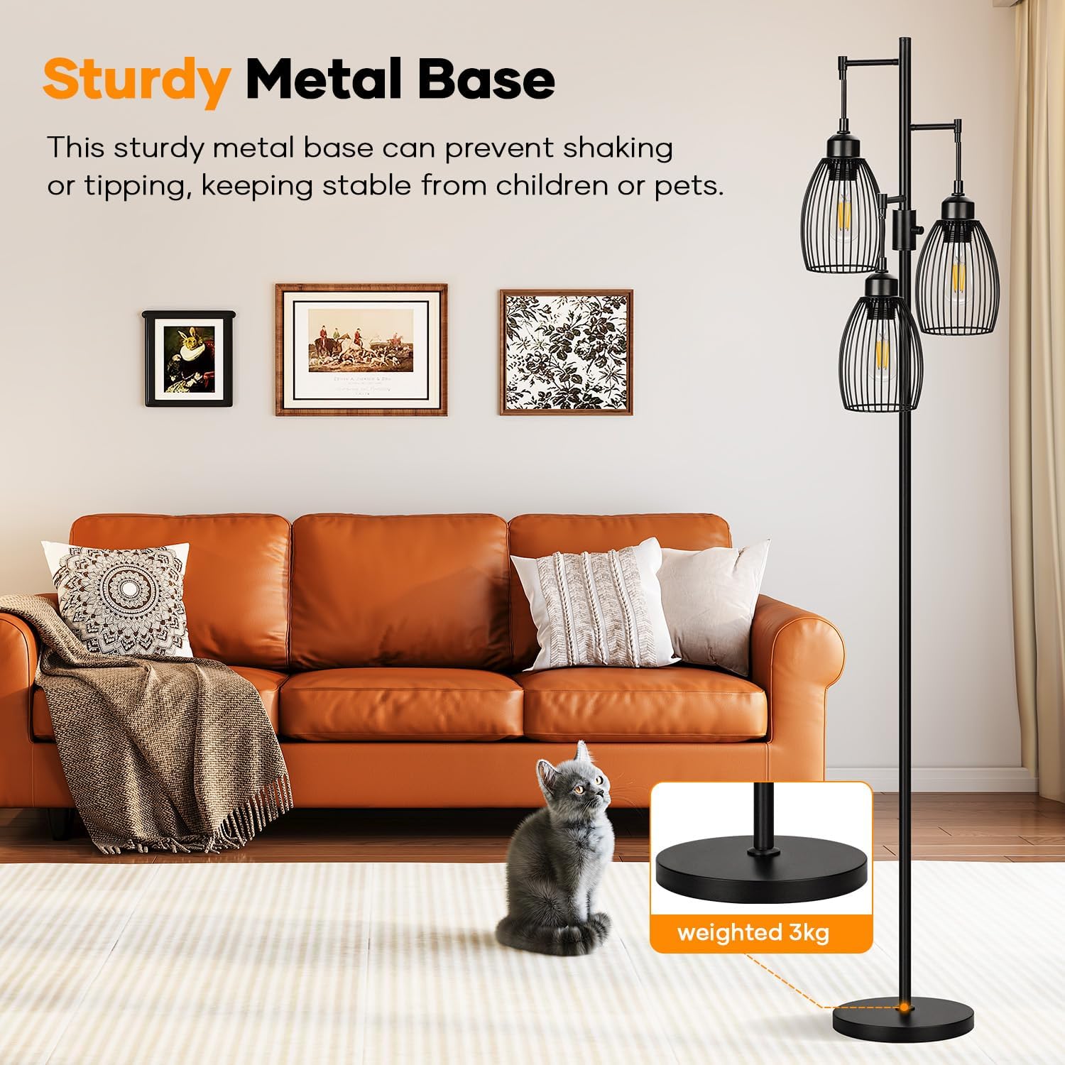 Triple Head Floor Lamp with Cage Shade – Modern Standing Lamp for Living Room
