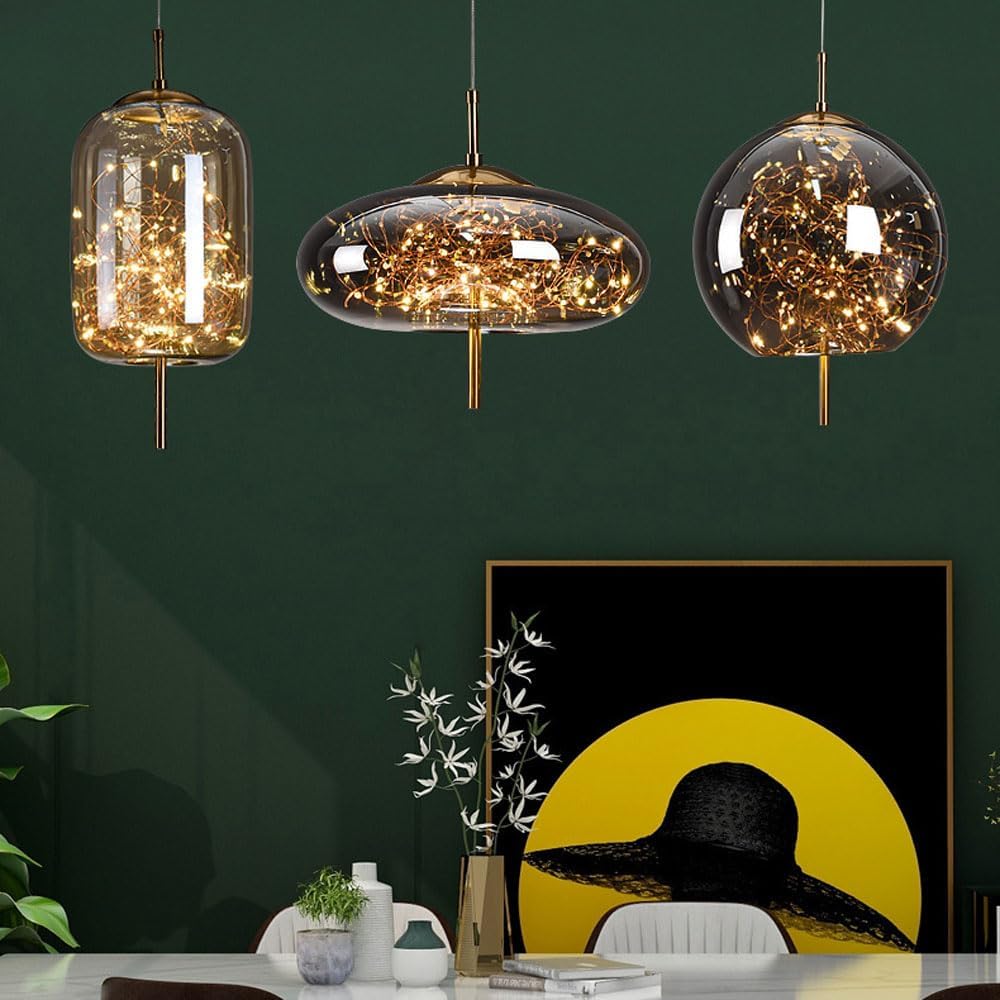 Amber Glass Pendant Light with LED Fairy Lights | Modern Capsule Design