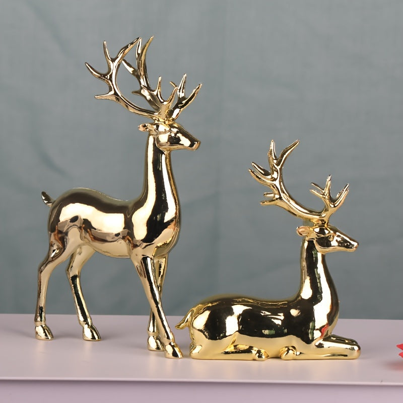 Gold Reindeer Figurines – Set of 2 Elegant Christmas Decorations for Home