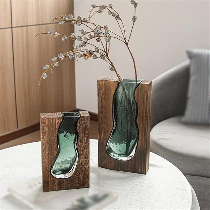 Nordic Wood & Glass Live Edge Vase | Modern Decorative Flower Vase for Living Room & Home Décor