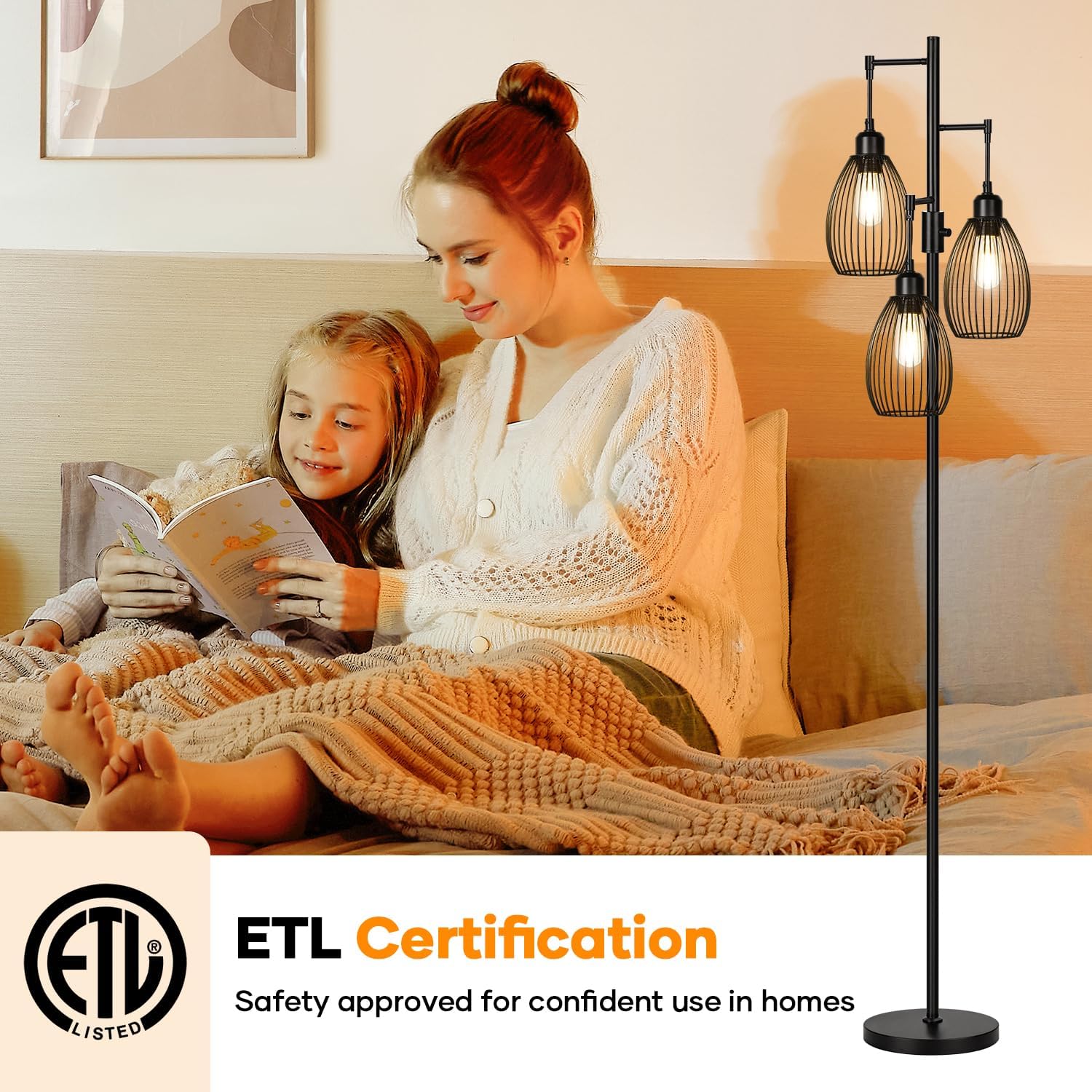 Triple Head Floor Lamp with Cage Shade – Modern Standing Lamp for Living Room