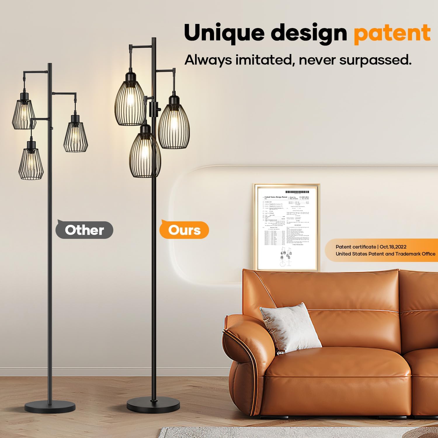 Triple Head Floor Lamp with Cage Shade – Modern Standing Lamp for Living Room