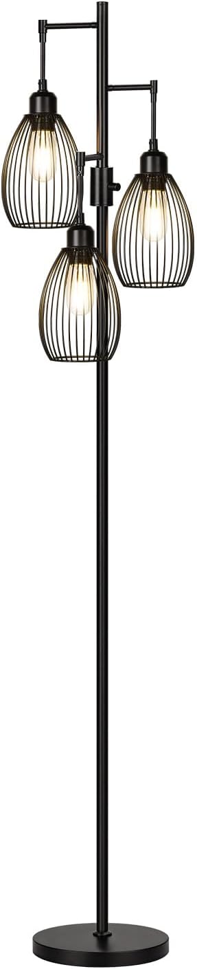 Triple Head Floor Lamp with Cage Shade – Modern Standing Lamp for Living Room