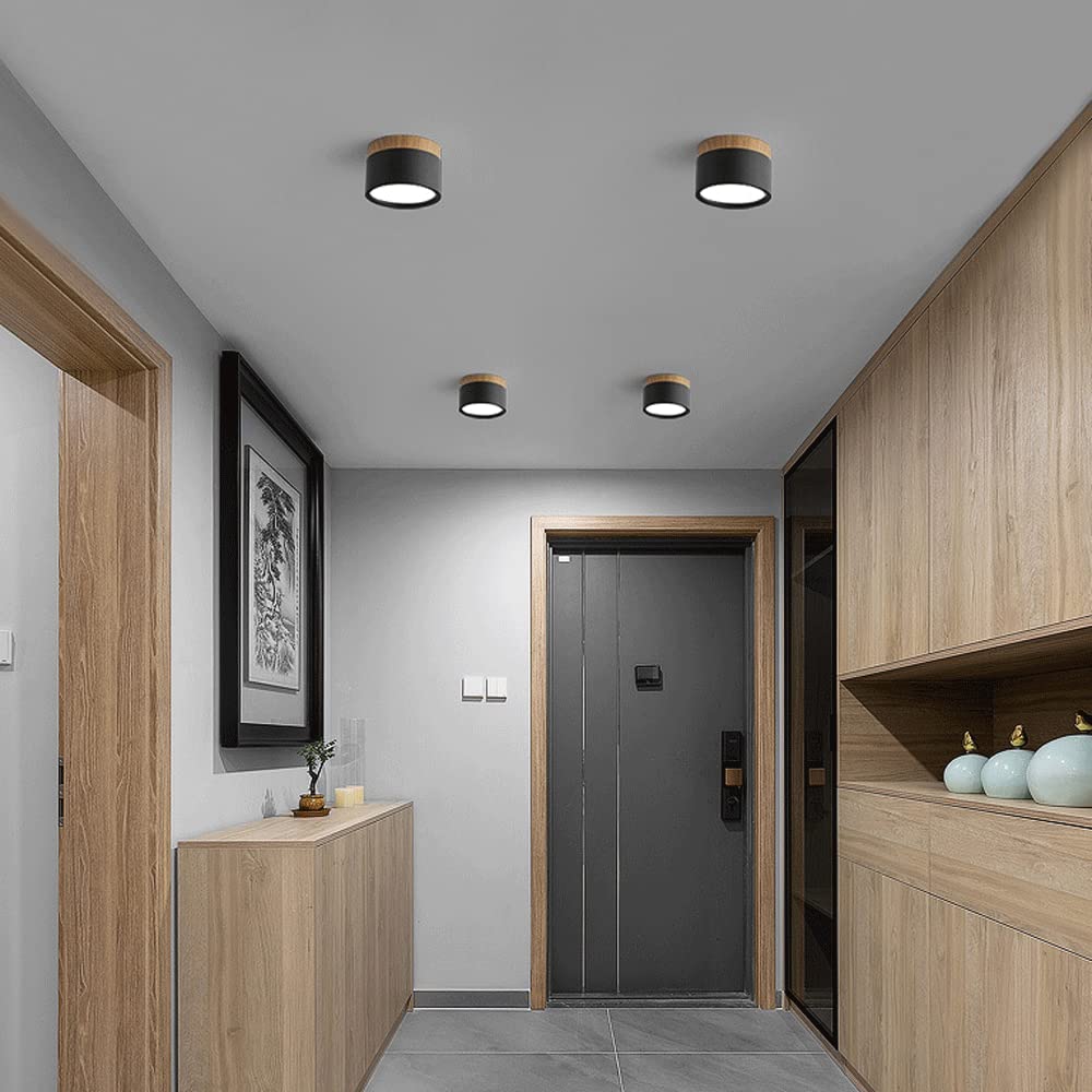 Modern Flush Mount Ceiling Light with Natural Wood Trim