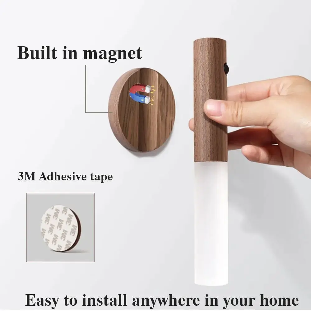 LED Motion Sensor Wall Light Wood Wireless Rechargeable