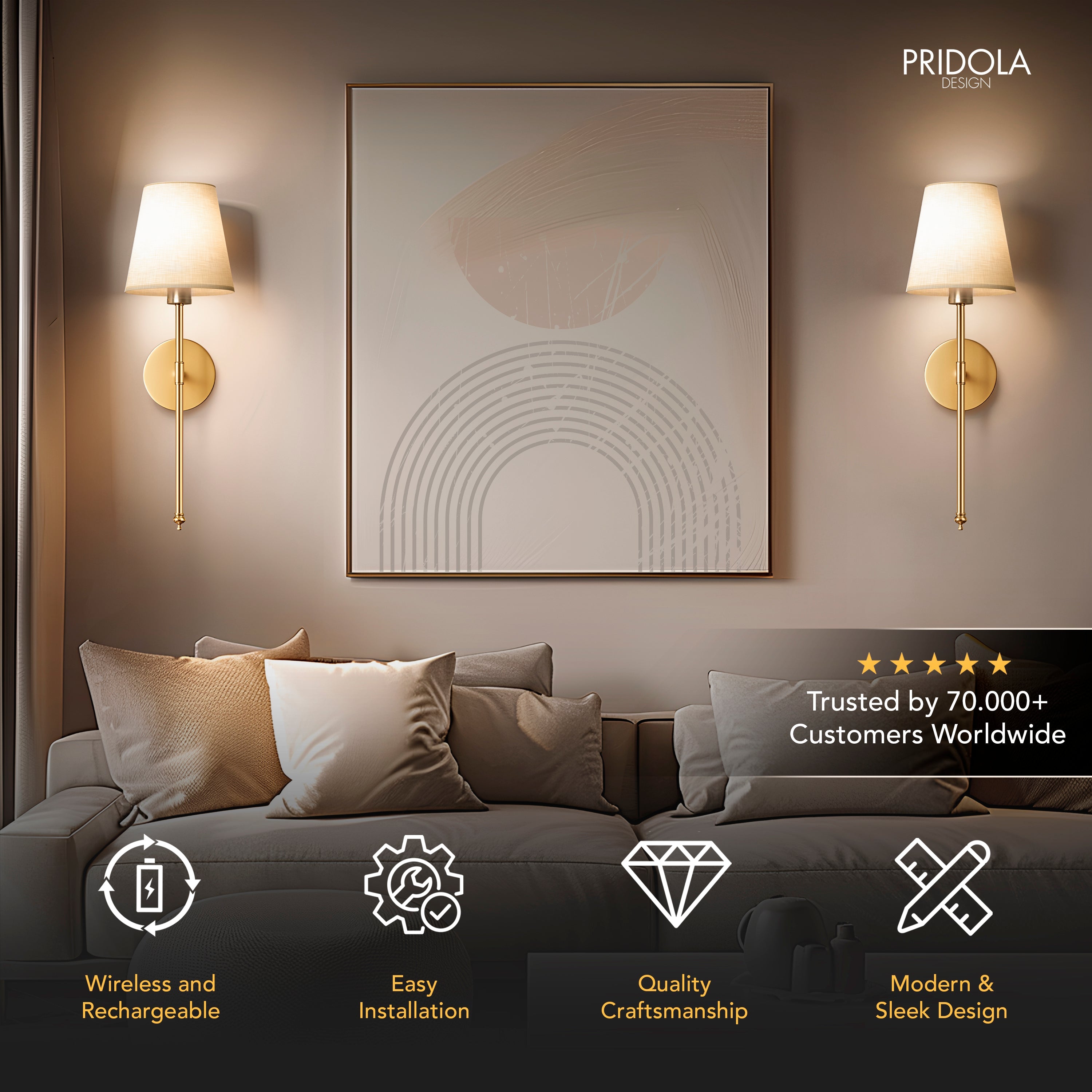 Modern Brass Wireless Wall Sconces with Linen Shade (Set of 2)