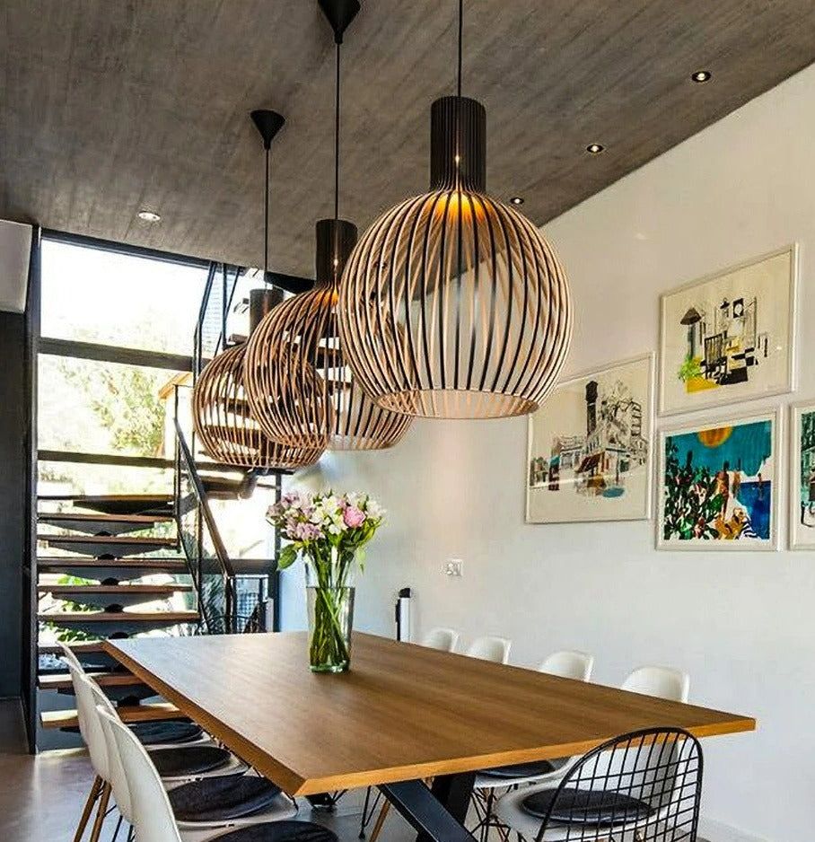 Handcrafted Wood Pendant Light - Rustic Natural Wood Ceiling Lamp for Dining Room