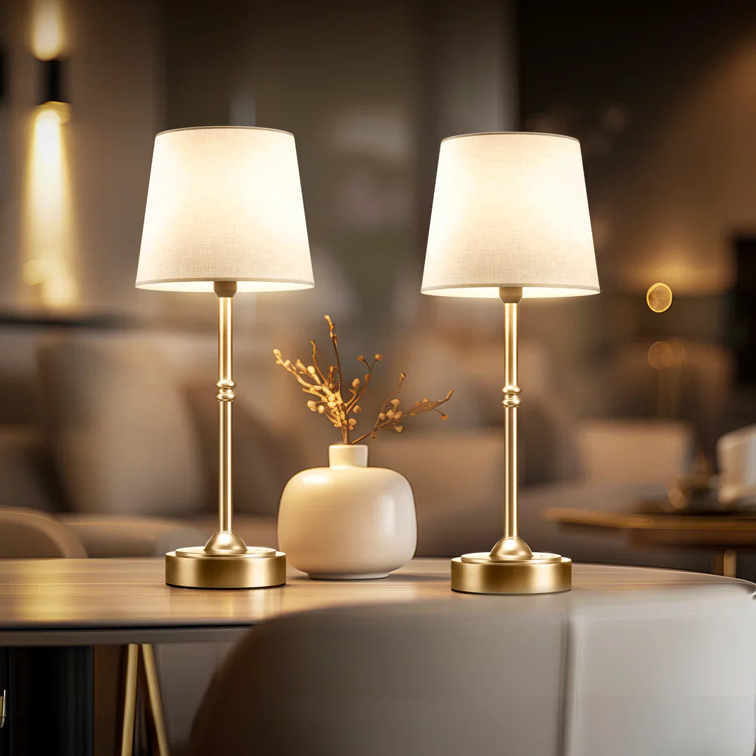Modern Gold Table Lamp Set - Dimmable Bedside Lamps with Fabric Shade