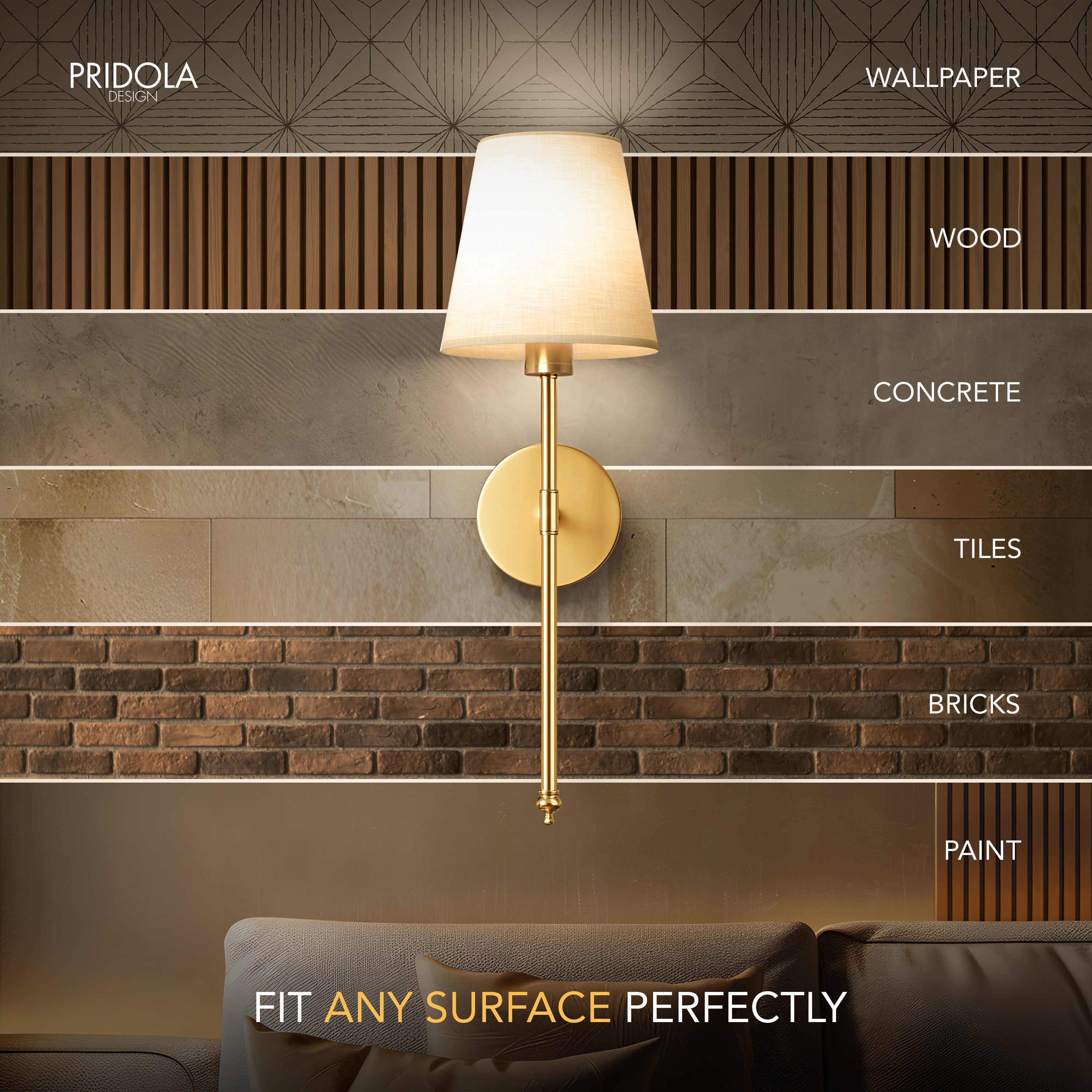 Modern Brass Wireless Wall Sconces with Linen Shade (Set of 2)