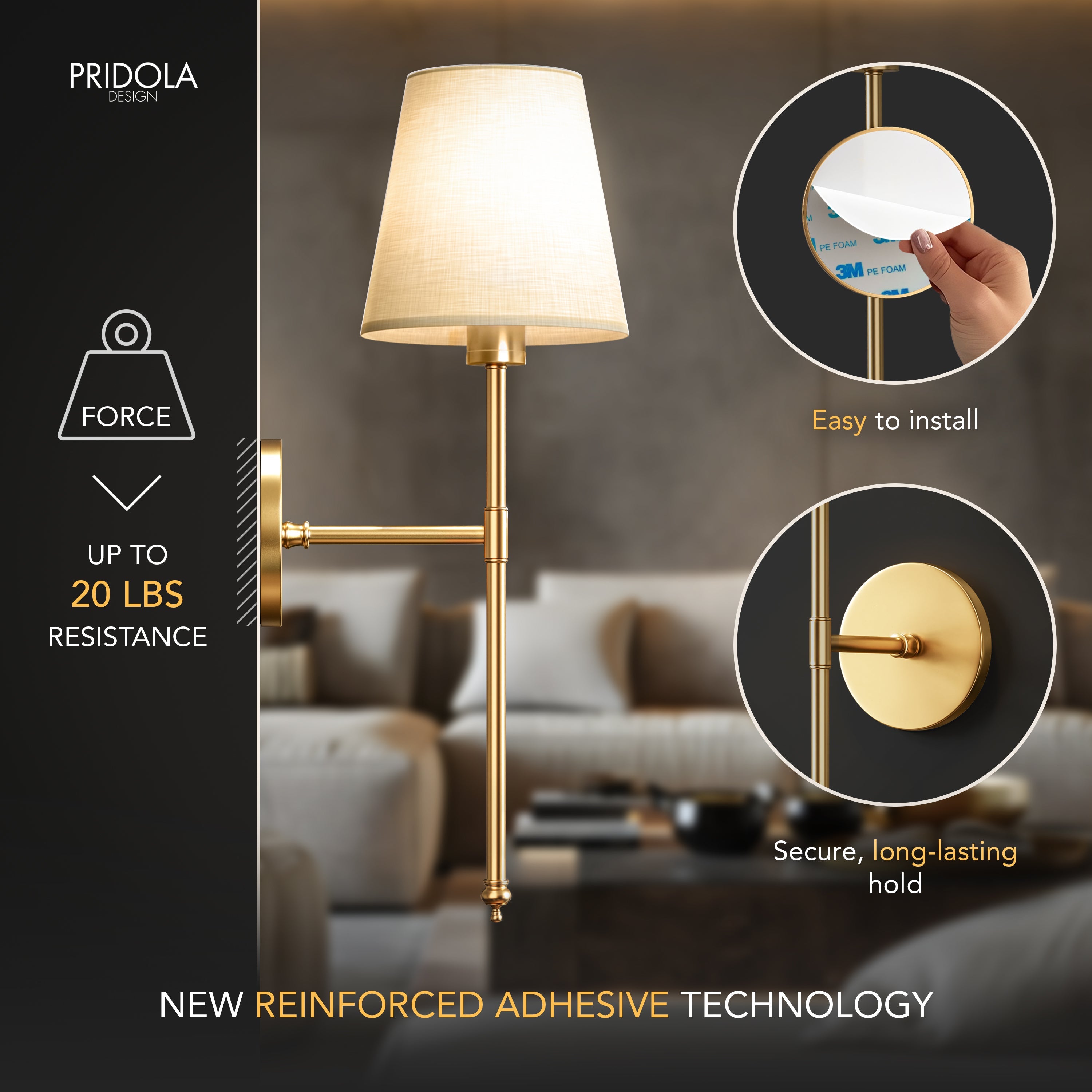 Modern Brass Wireless Wall Sconces with Linen Shade (Set of 2)