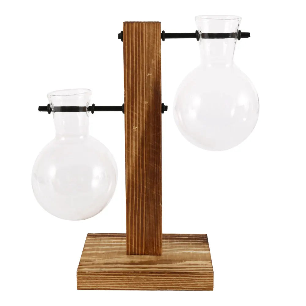 Modern Glass Propagation Vase with Wooden Stand – Stylish Hydroponic Plant Holder