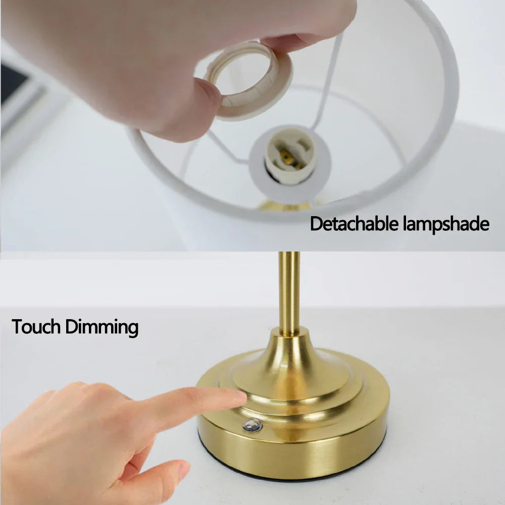 Modern Gold Table Lamp Set - Dimmable Bedside Lamps with Fabric Shade