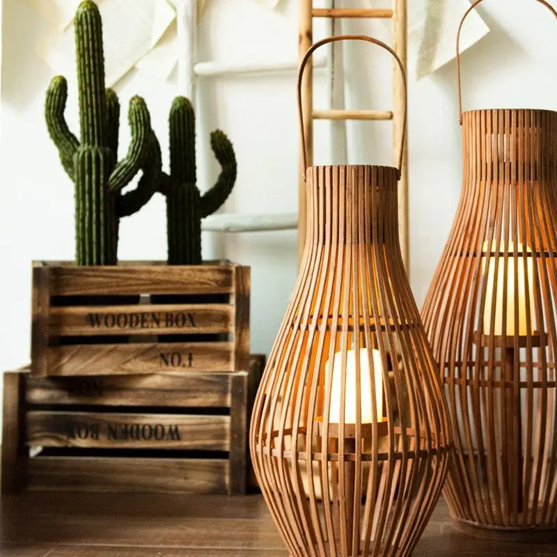 Boho Rattan LED Floor Lantern | Large Flameless Candle Lantern for Living Room
