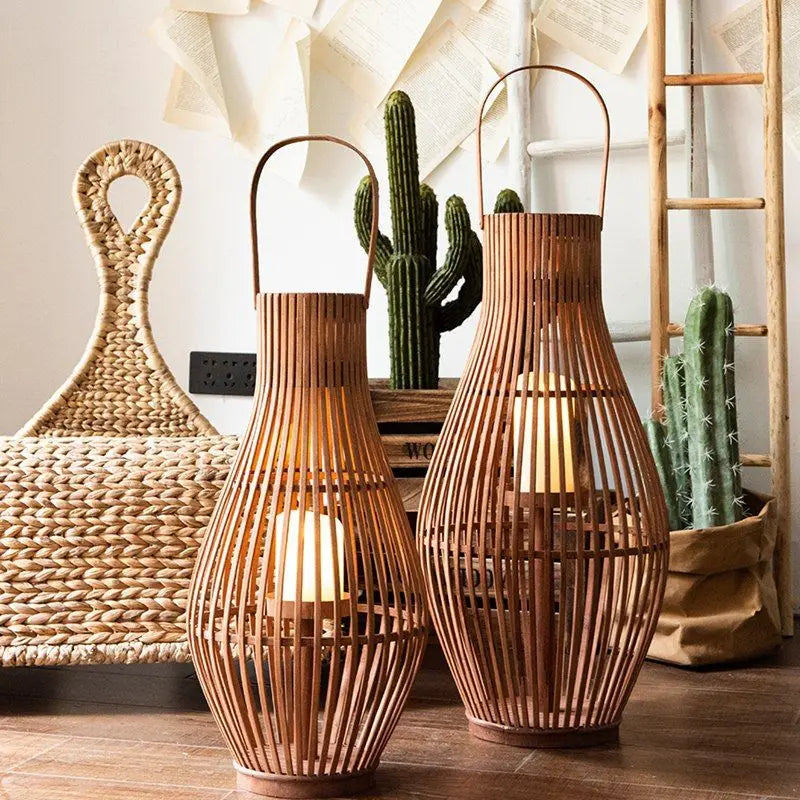 Boho Rattan LED Floor Lantern | Large Flameless Candle Lantern for Living Room