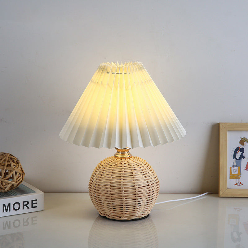 Nordic Rattan Table Lamp | Pleated Fabric Shade LED Bedside Lamp