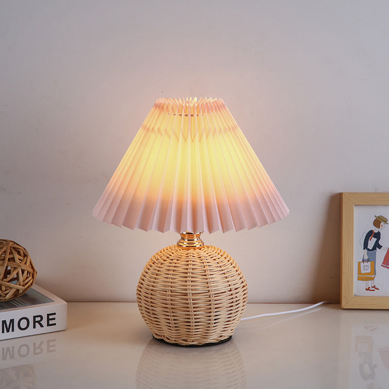 Nordic Rattan Table Lamp | Pleated Fabric Shade LED Bedside Lamp