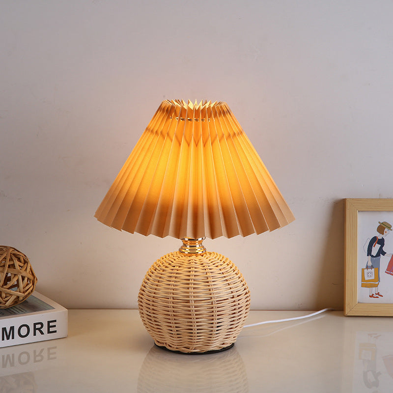 Nordic Rattan Table Lamp | Pleated Fabric Shade LED Bedside Lamp