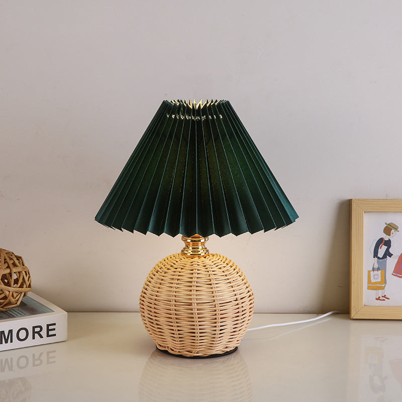 Nordic Rattan Table Lamp | Pleated Fabric Shade LED Bedside Lamp