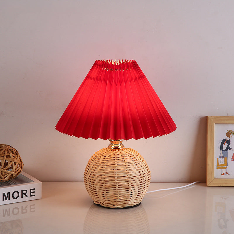 Nordic Rattan Table Lamp | Pleated Fabric Shade LED Bedside Lamp