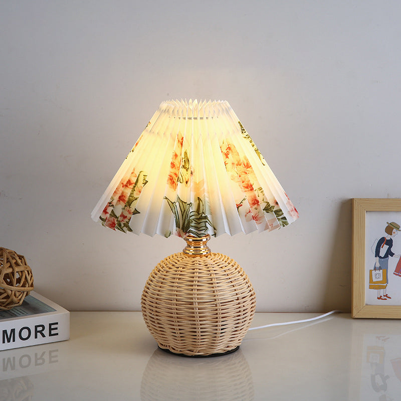 Nordic Rattan Table Lamp | Pleated Fabric Shade LED Bedside Lamp