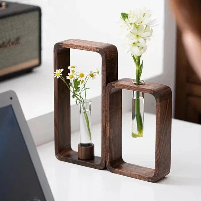 Wood Frame Plant Propagation Station | Modern Glass Tube Hydroponic Vase for Indoor Plants & Cuttings