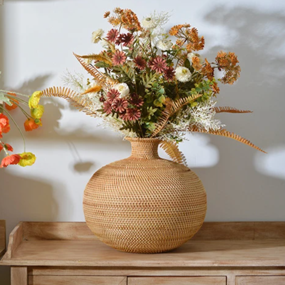 Rattan Decorative Vase | Boho Woven Wicker Vase for Dried Flowers & Natural Home Decor