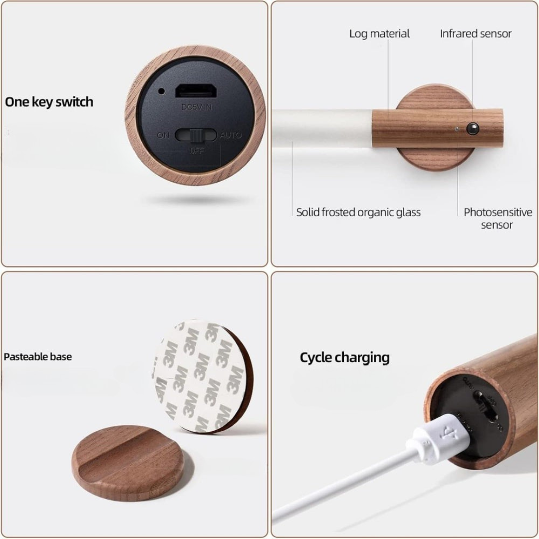 LED Motion Sensor Wall Light Wood Wireless Rechargeable