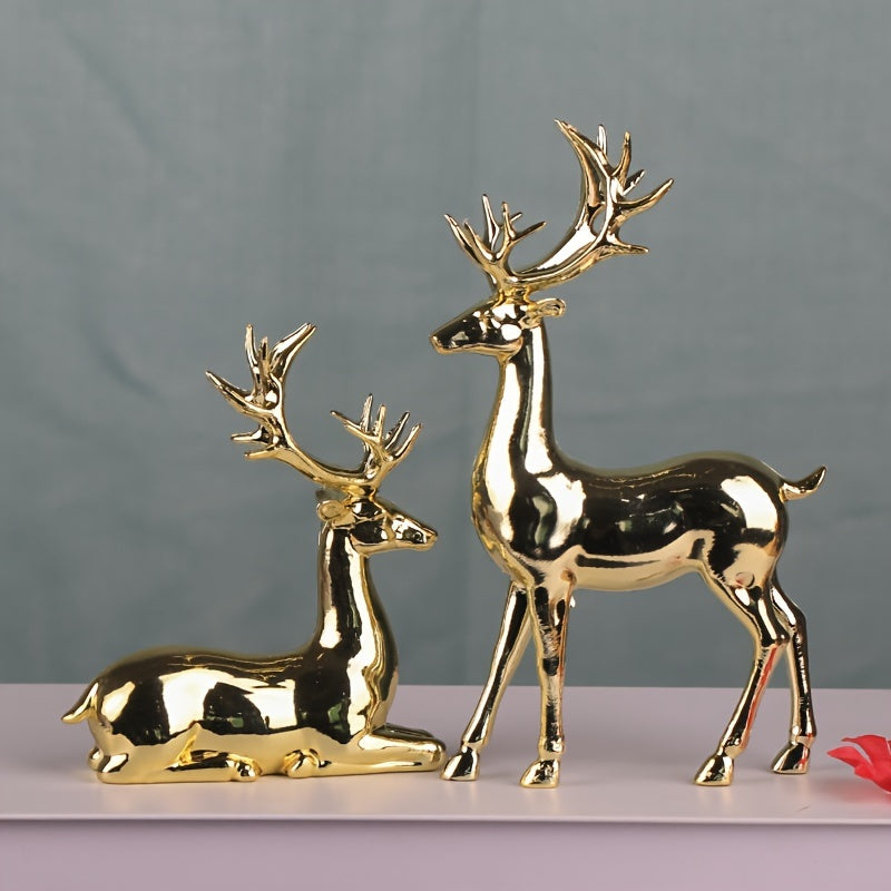 Gold Reindeer Figurines – Set of 2 Elegant Christmas Decorations for Home